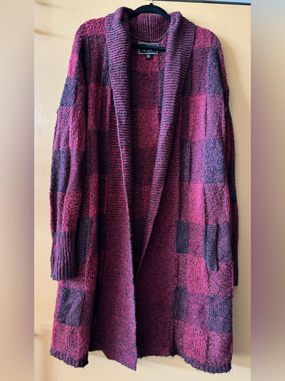 Lucky Brand XL Buffalo Plaid Check Black Red Long Cardigan Sweater